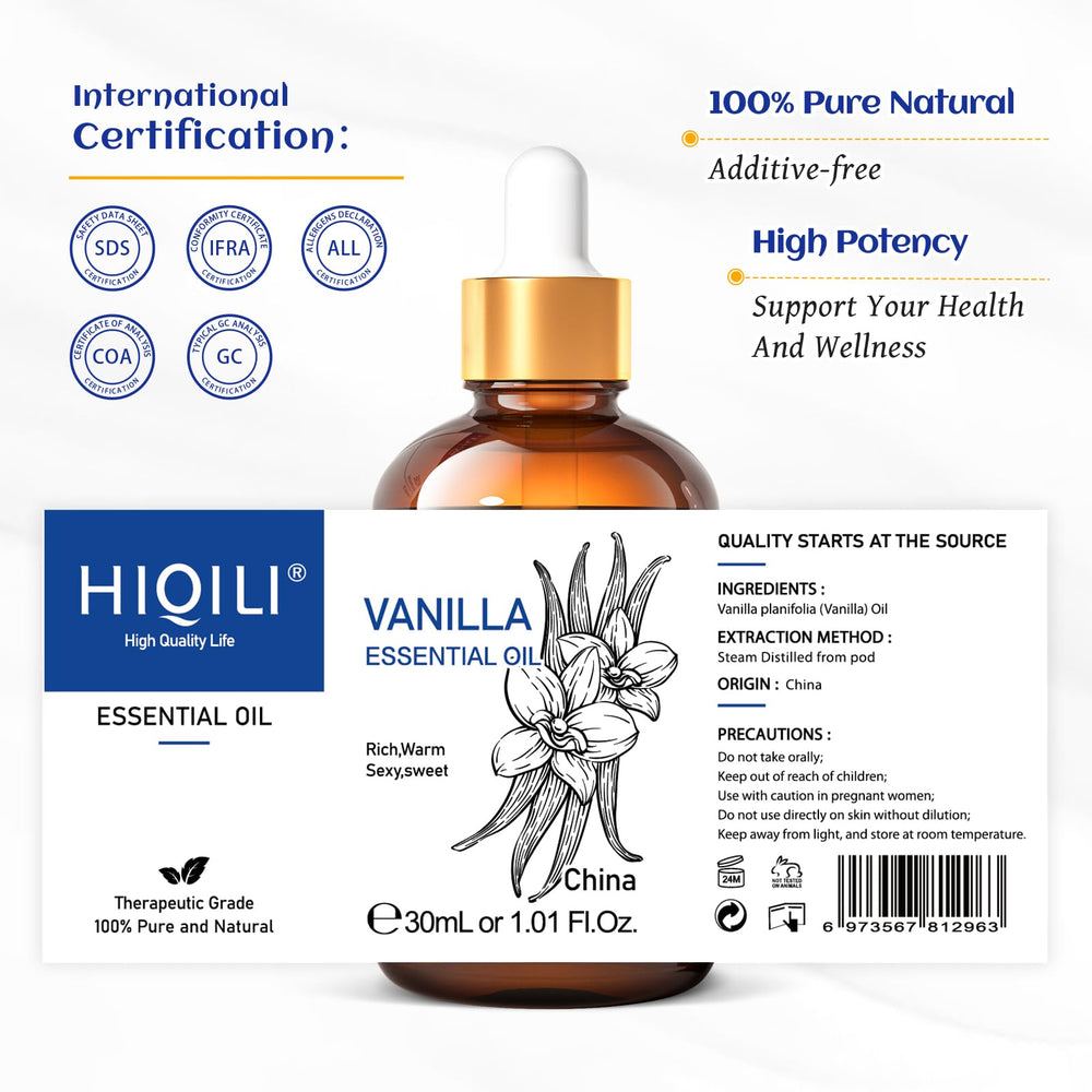 HIQILI vanilla essential oil ingredients plate showing purity and quality.