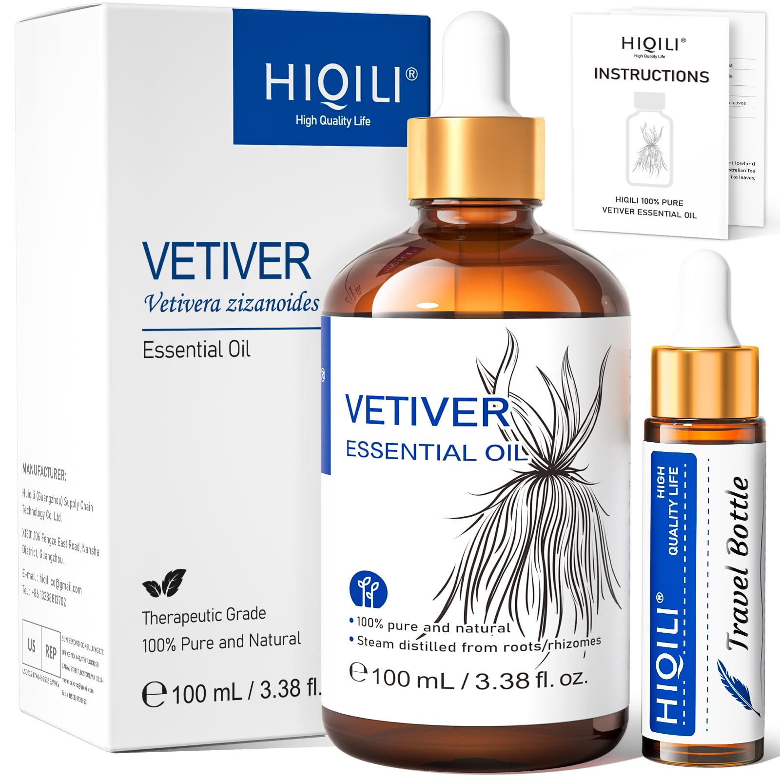 HIQILI Vetiver essential oil bottle highlighting pure aroma ideal for diffusers