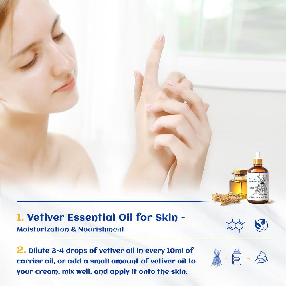 Close-up of HIQILI Vetiver label emphasizing natural roots origin
