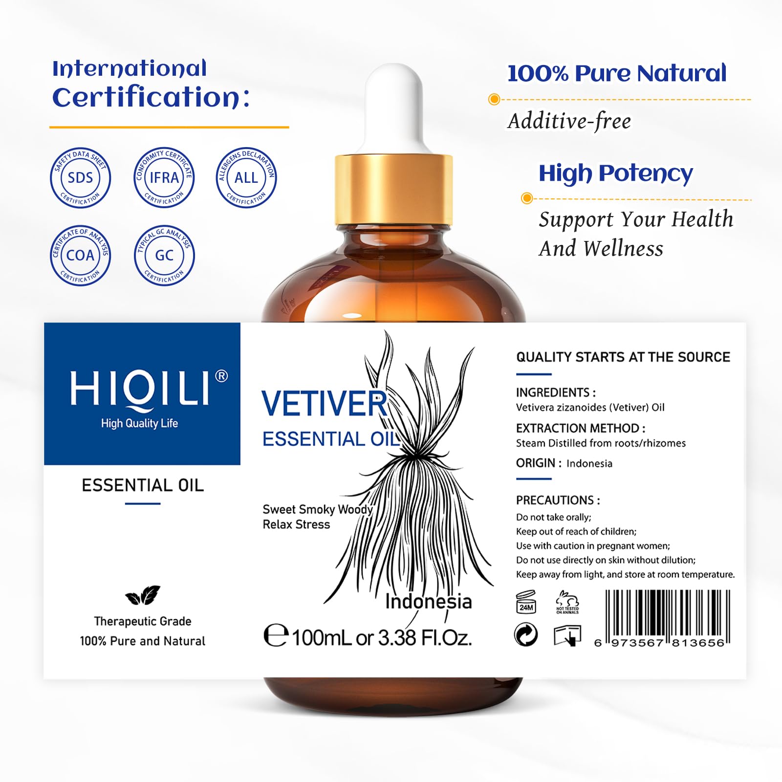 Travel-friendly HIQILI Vetiver oil 100ml amber bottle