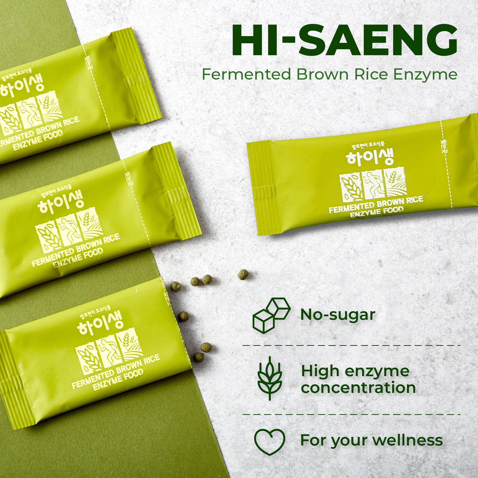 HISAENG fermented brown rice enzyme granules: a nutrient-rich formula that dissolves quickly with water.