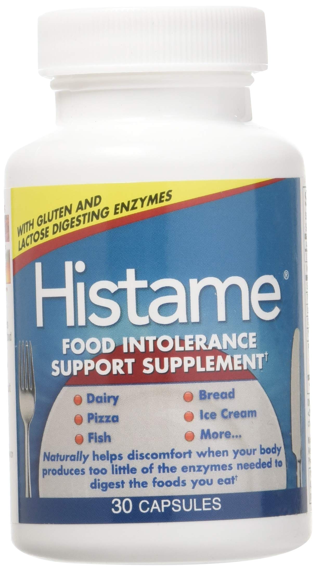 Histame bottle front view showing 30 capsules for digestive support
