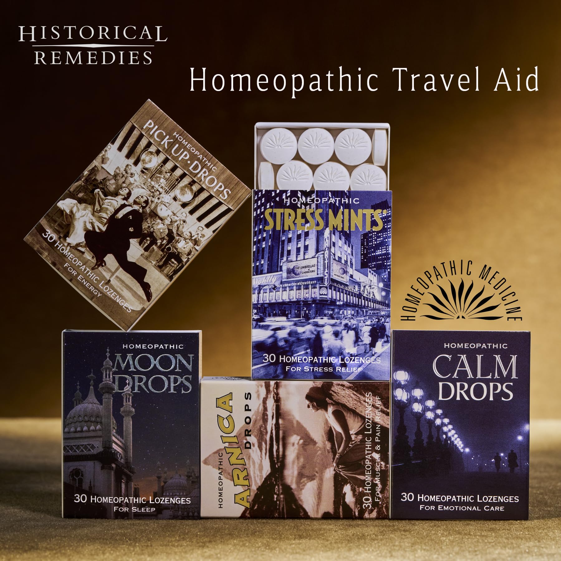 Historical Remedies Calm Drops box opened with lozenges visible.
