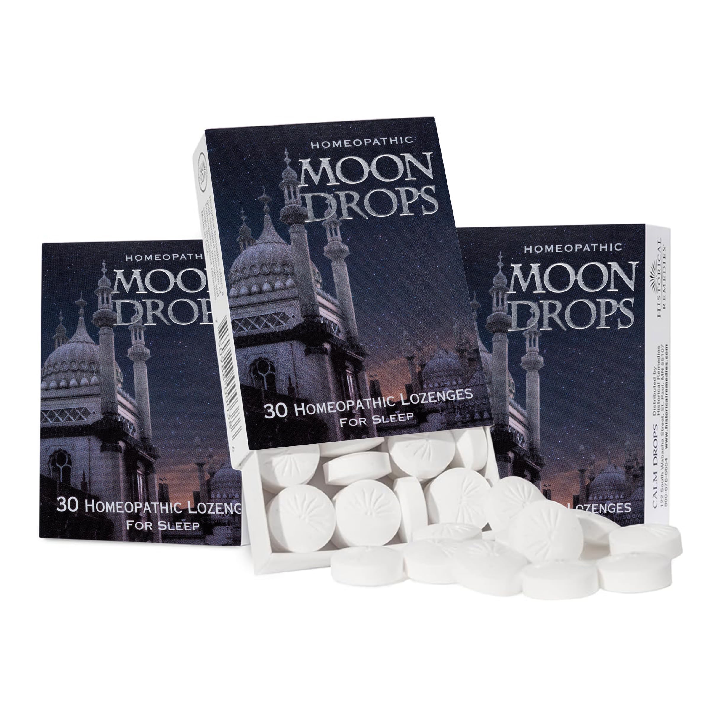 Historical Remedies Moon Drops bottle and box showcasing natural sleep support in a convenient pack.