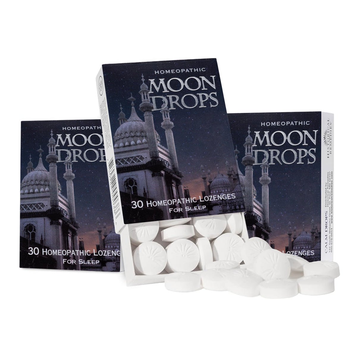 Historical Remedies Moon Drops bottle and box showcasing natural sleep support in a convenient pack.