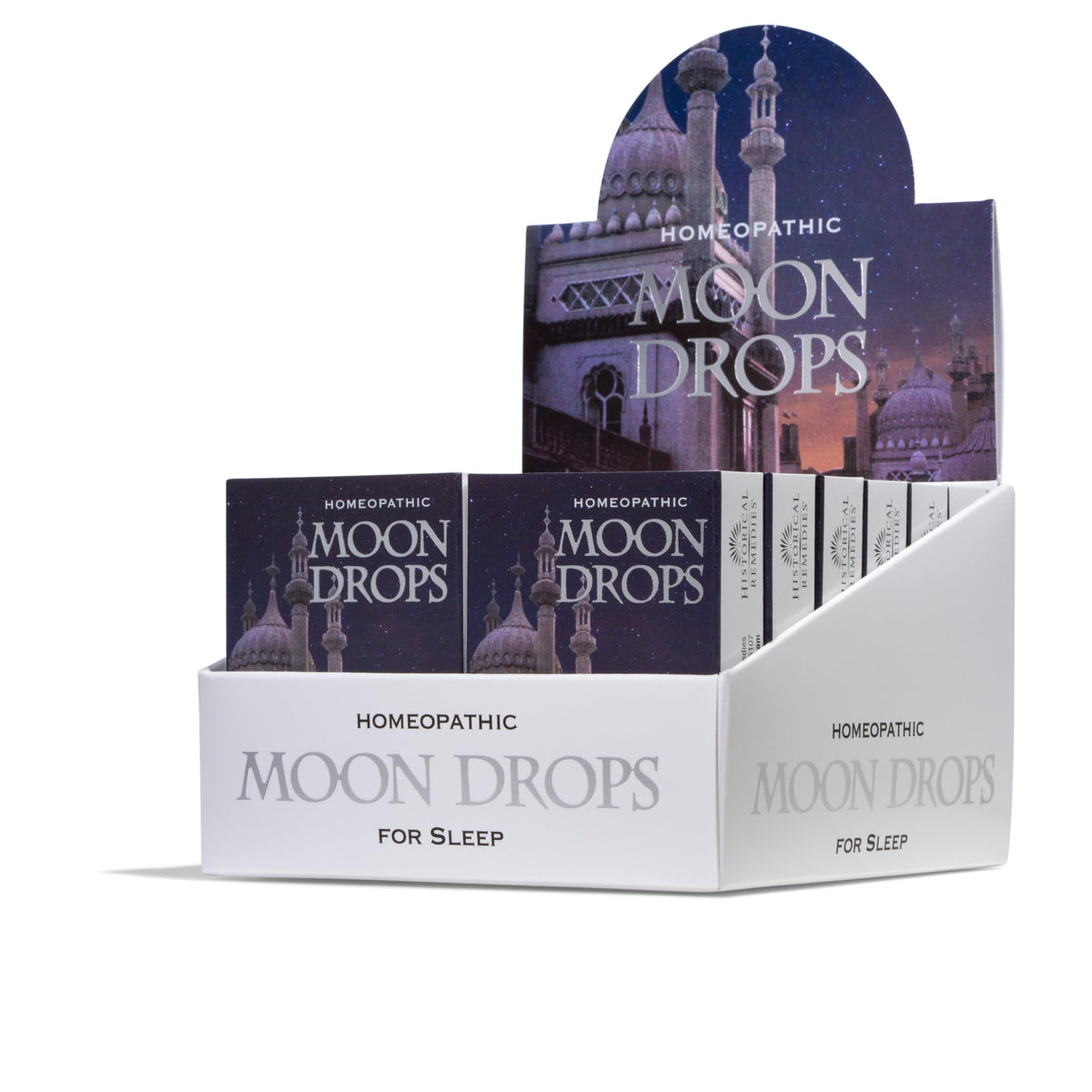 Historical Remedies Moon Drops bottle with vanilla lozenges for calm, non-drowsy sleep support.