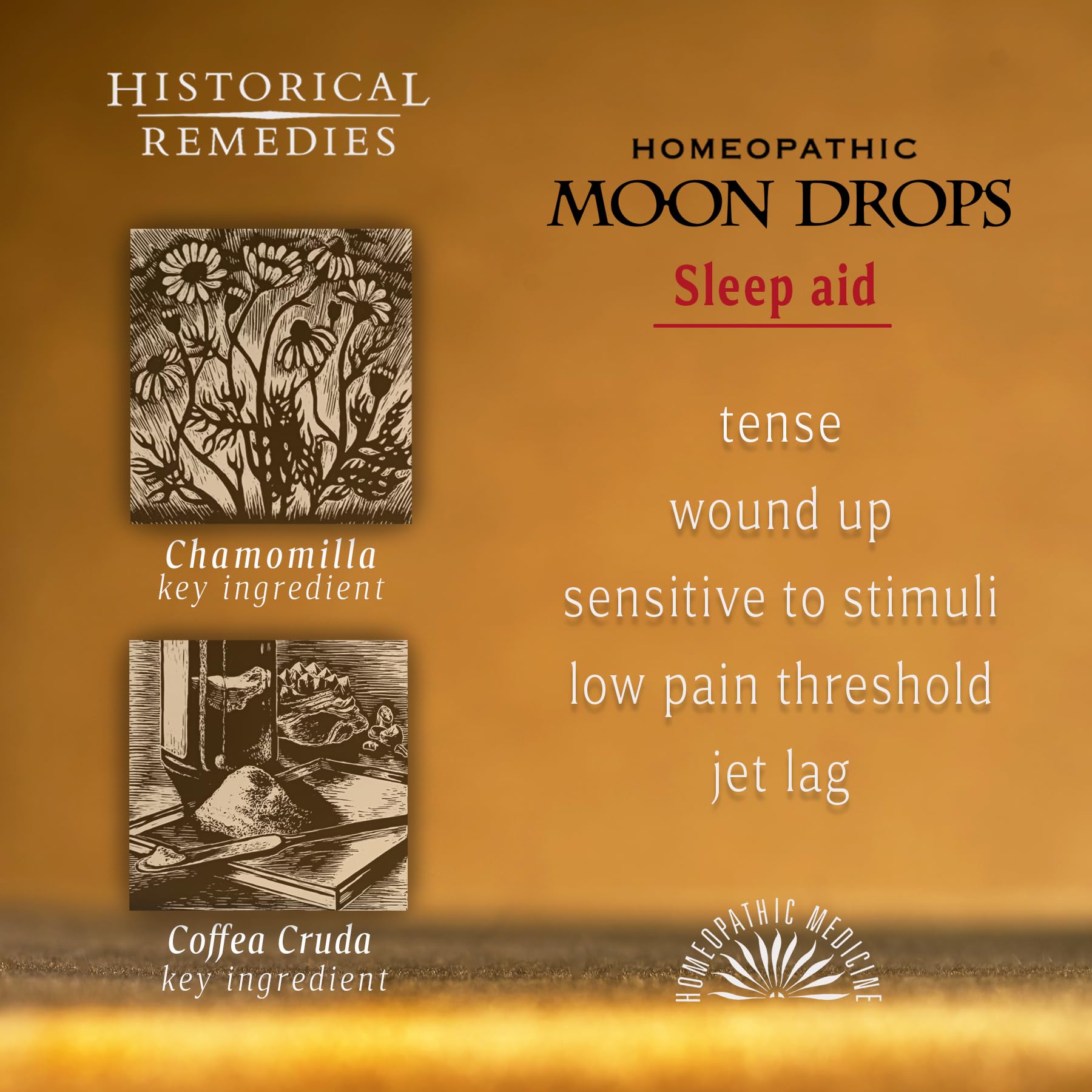 Moon Drops label highlights Coffea Cruda 12X and Valeriana 12C ingredients.