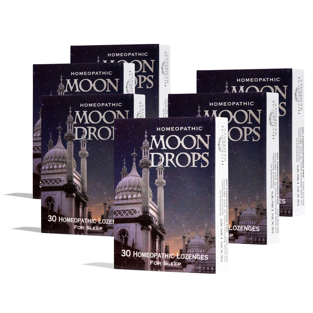 Historical Remedies Moon Drops sleep lozenges in package front view offer natural support for restful nights
