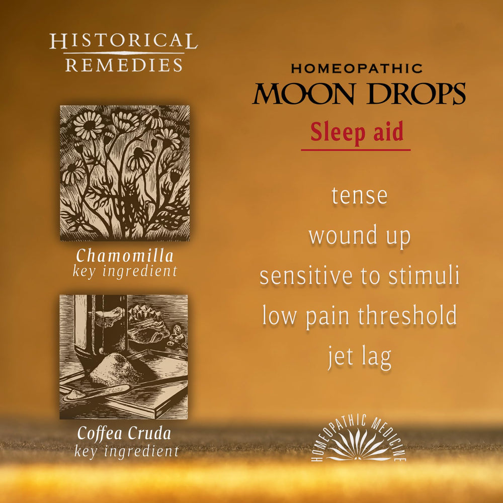 Historical Remedies Moon Drops vanilla lozenge with a cup, suggesting nightly routine.