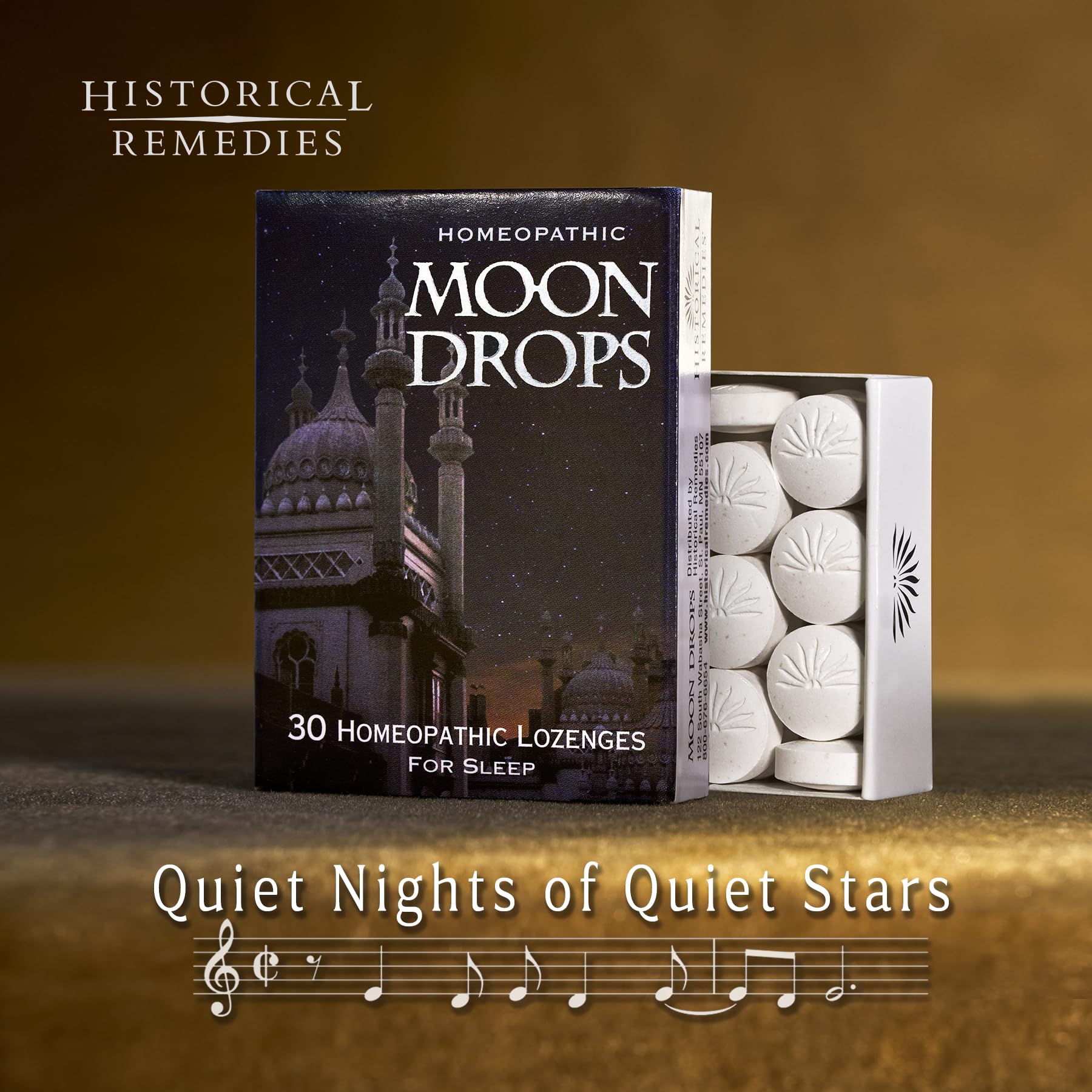 Moon Drops vanilla lozenges close-up highlighting soothing vanilla flavor for calm evenings.