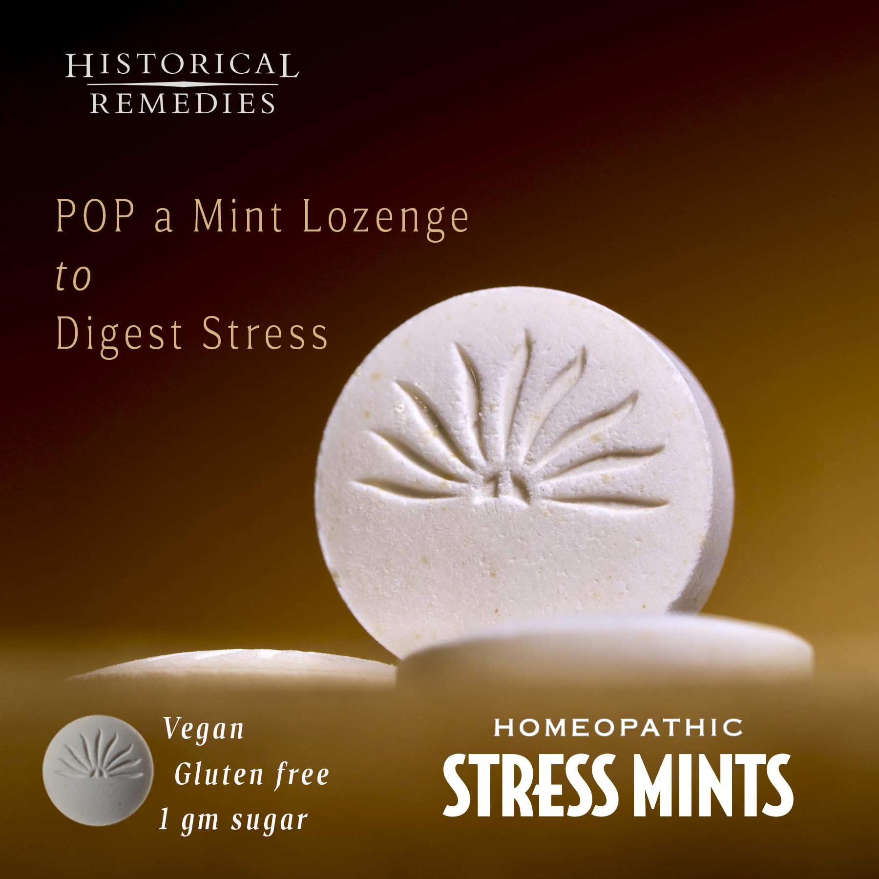 Historical Remedies Stress Mints lozenges closeup with mint flavor visible.
