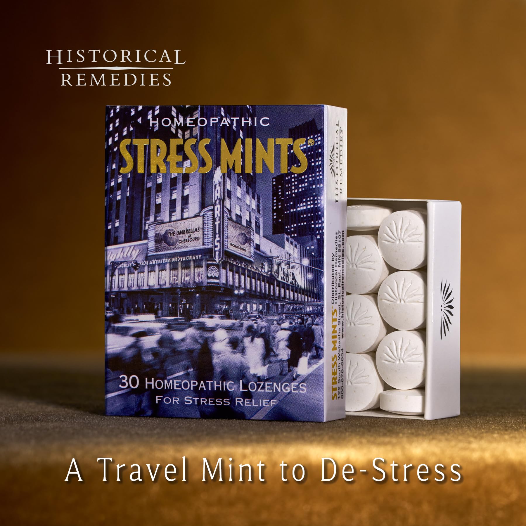 Historical Remedies Stress Mints pack-front showing compact six-pack design.