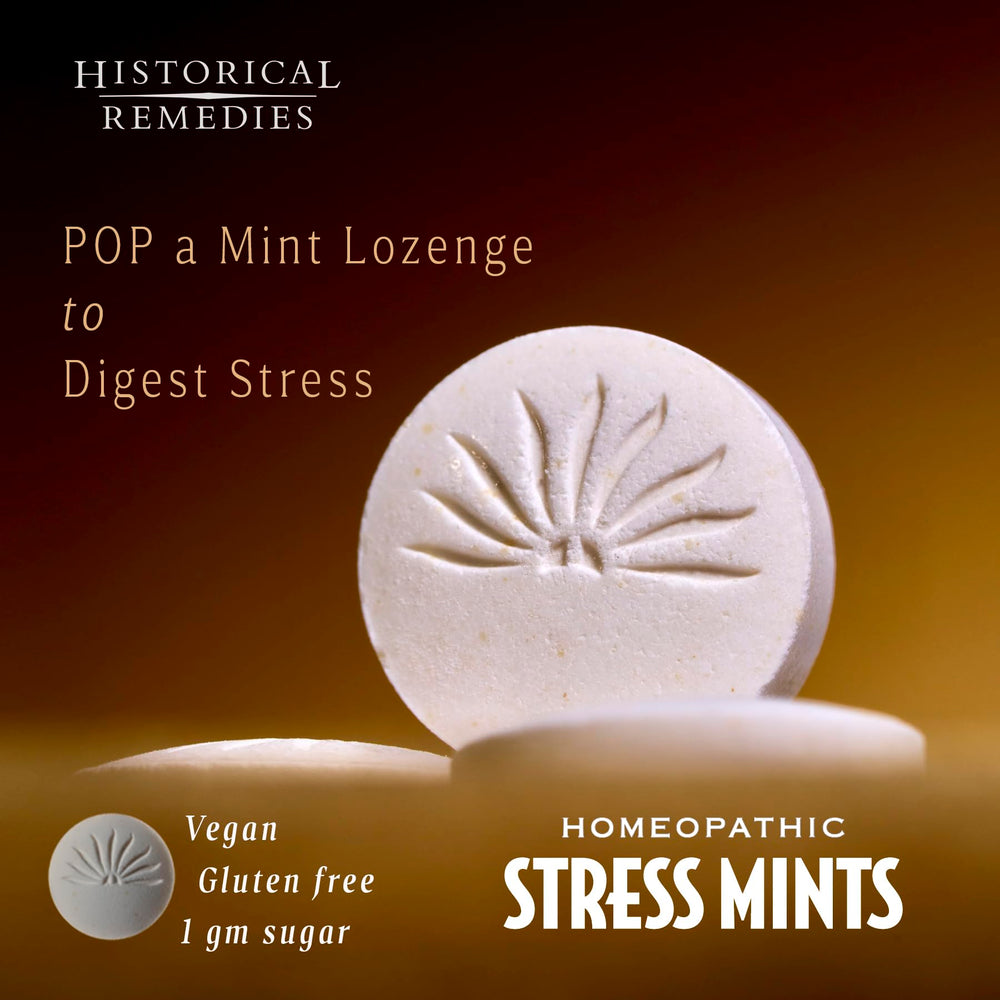 Historical Remedies Stress Mints slipcase image highlights portable relief in a recyclable case