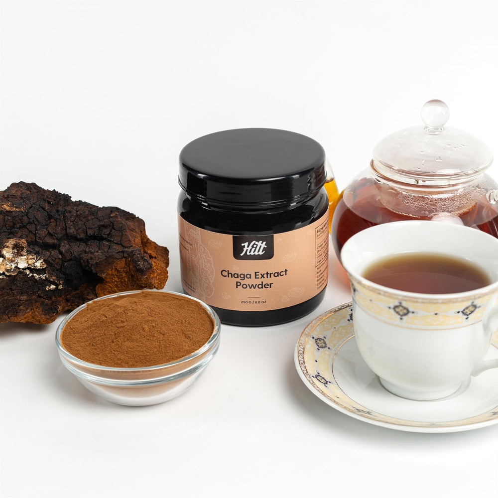 HITT Premium Chaga Powder texture close-up for smooth brewing.
