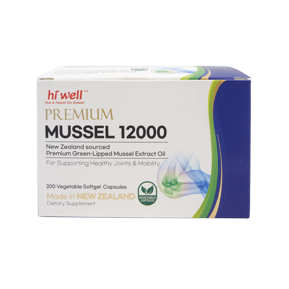 Hi Well Green-Lipped Mussel 12000mg softgel bottle for daily use.