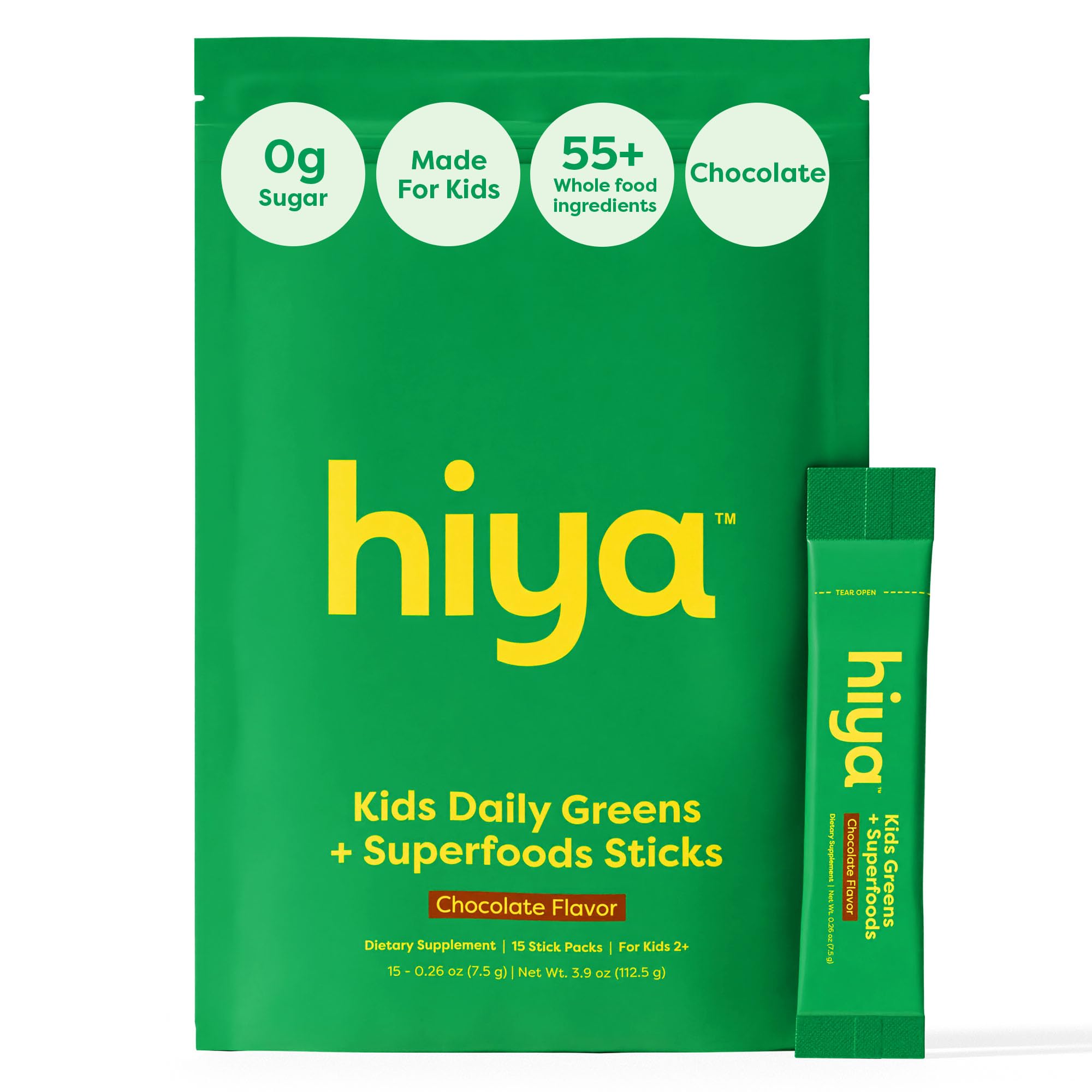 HIYA Kids Greens Powder Sticks chocolate bottle for daily nutrition