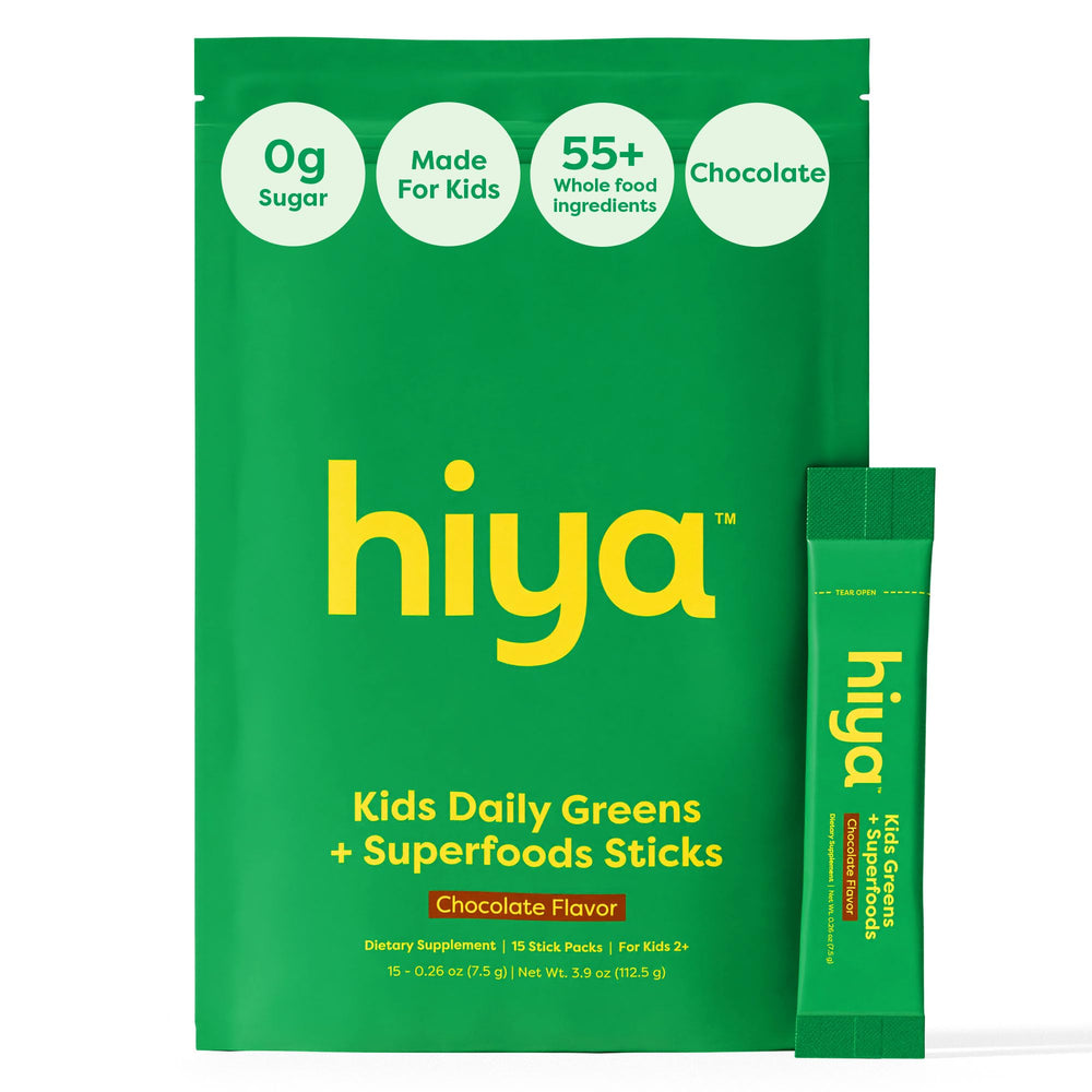 HIYA Kids Greens Powder Sticks chocolate bottle for daily nutrition