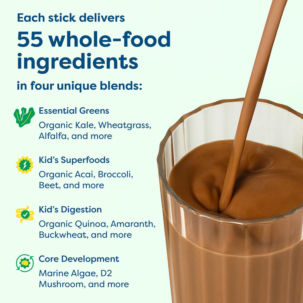 HIYA Kids Greens chocolate mix stirred into milk showing zero sugar appeal