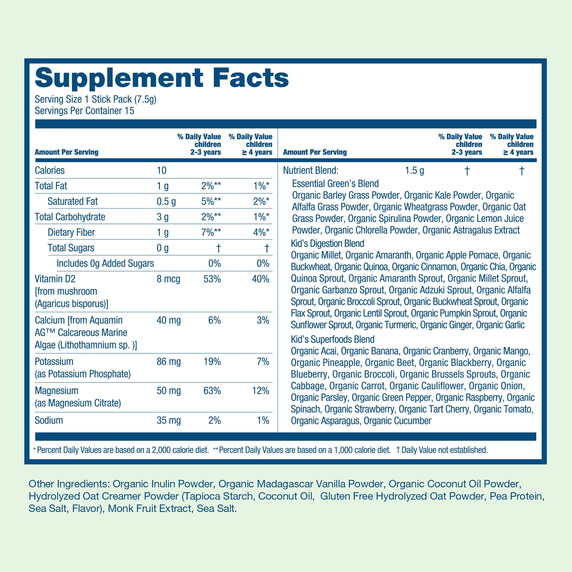 HIYA Kids Greens Powder Sticks ingredients visual showing kale, broccoli, and berries for antioxidants