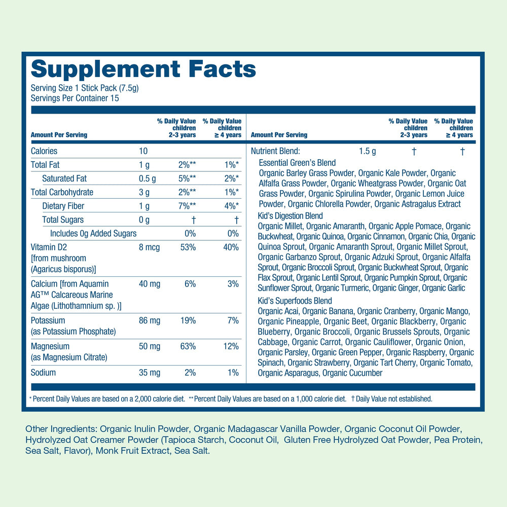 HIYA Kids Greens Powder Sticks ingredients visual showing kale, broccoli, and berries for antioxidants