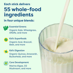 HIYA Kids Greens Powder Sticks stirred into milk for an easy kid-friendly drink