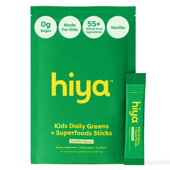 HIYA Kids Greens Powder Sticks packaging highlighting four blends for daily nutrition