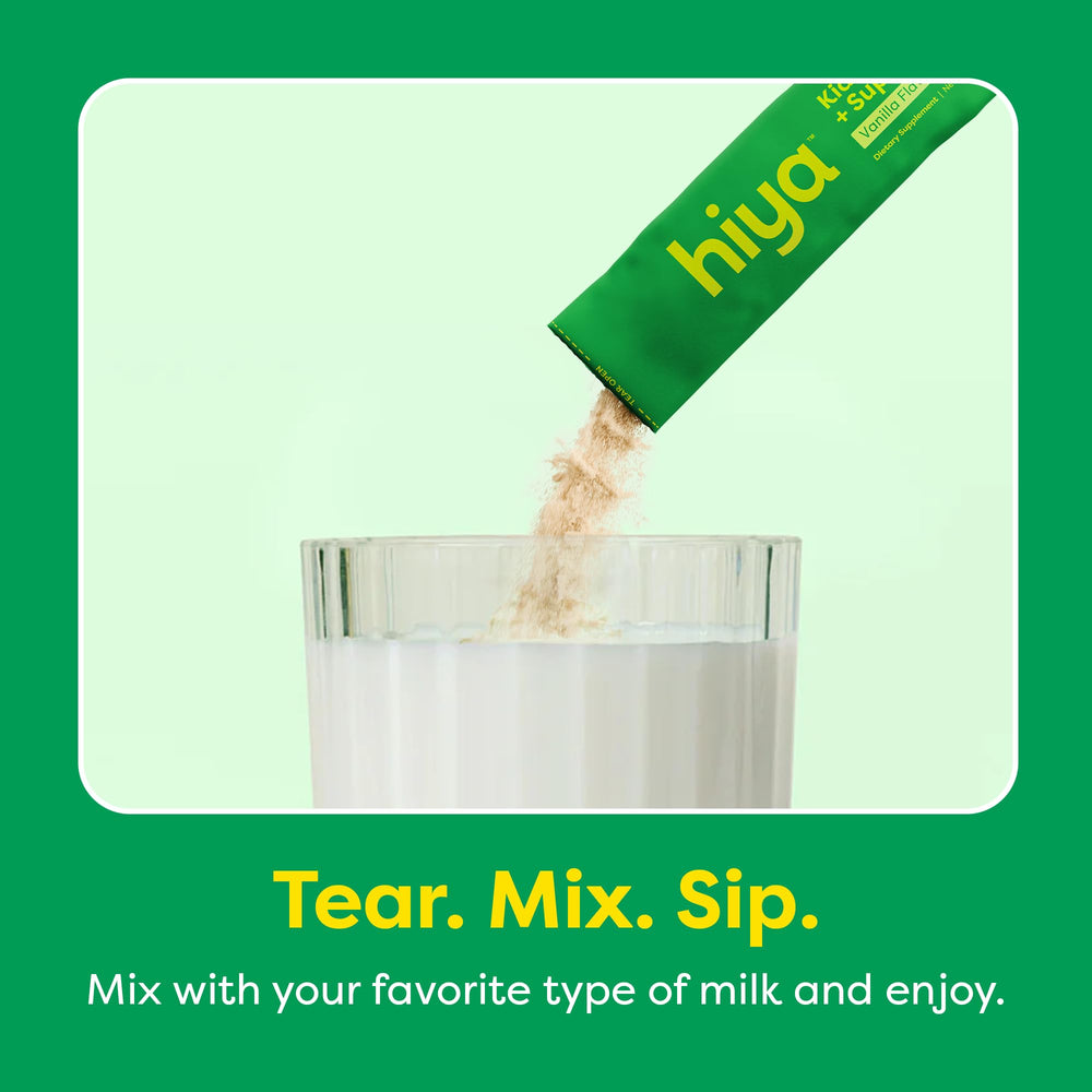 HIYA Kids Greens Powder Sticks spooned and served for convenient use