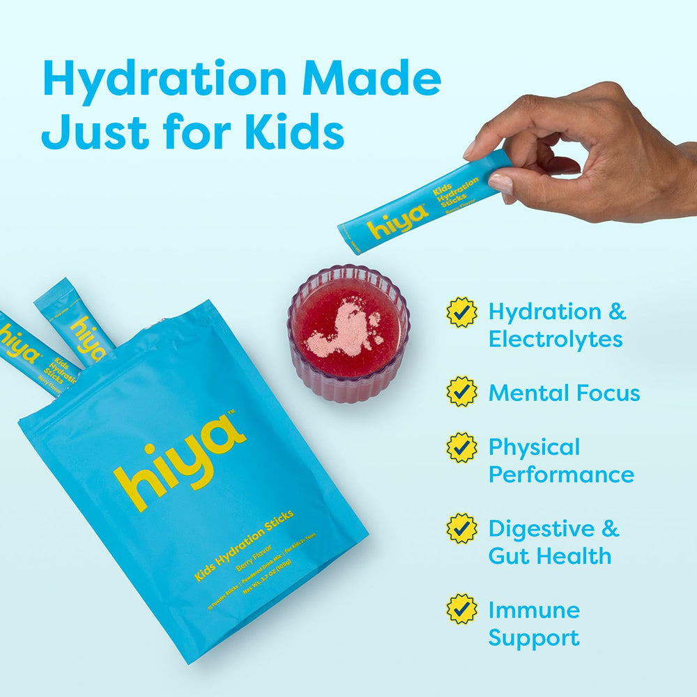 Hiya Kids Hydration berry powder mix dissolves quickly in water for fast hydration.
