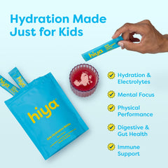 Hiya Kids Hydration berry powder mix dissolves quickly in water for fast hydration.