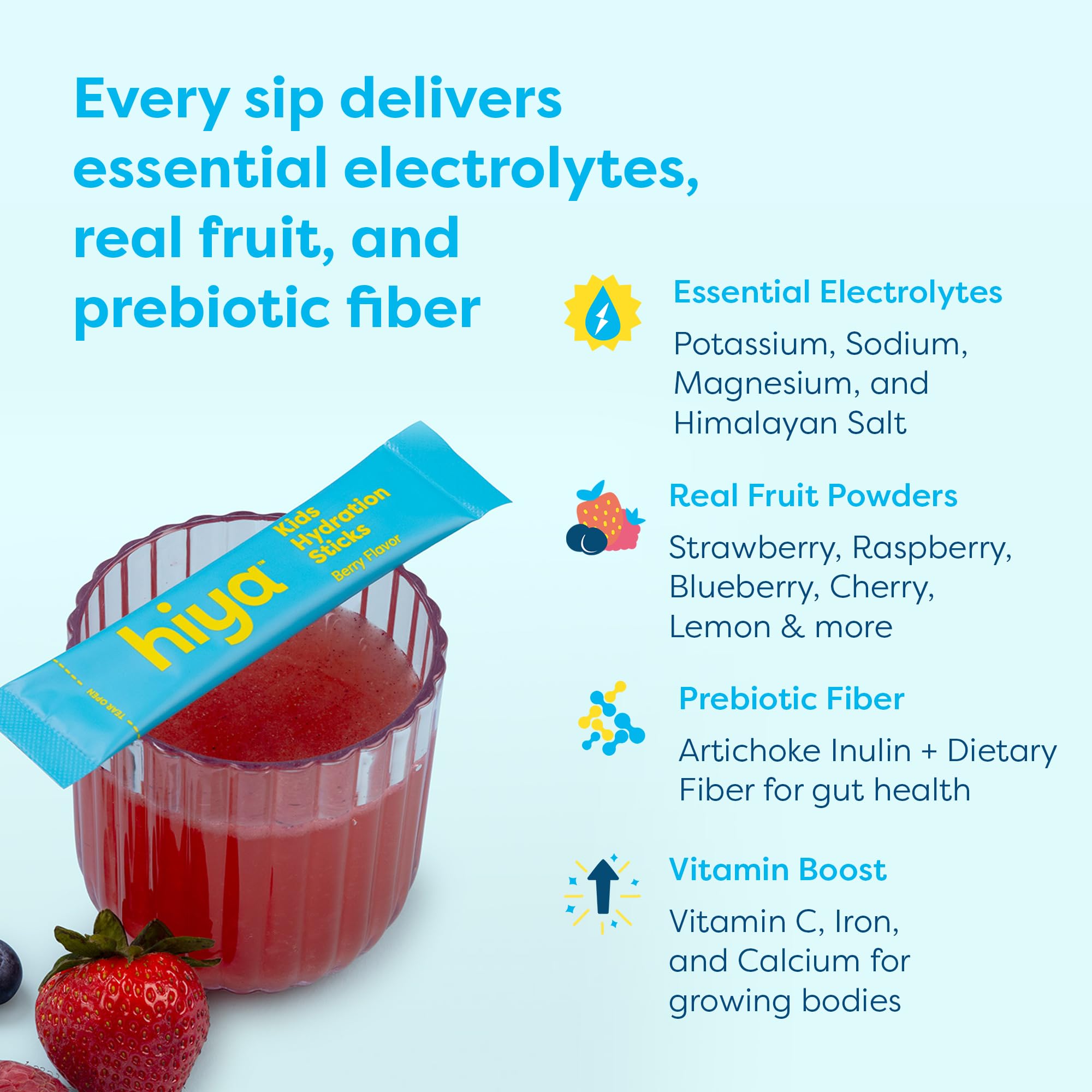 Hiya Berry flavor packets with no artificial dyes promote clean hydration.