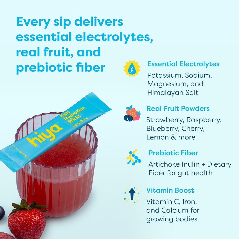 Hiya Berry flavor packets with no artificial dyes promote clean hydration.