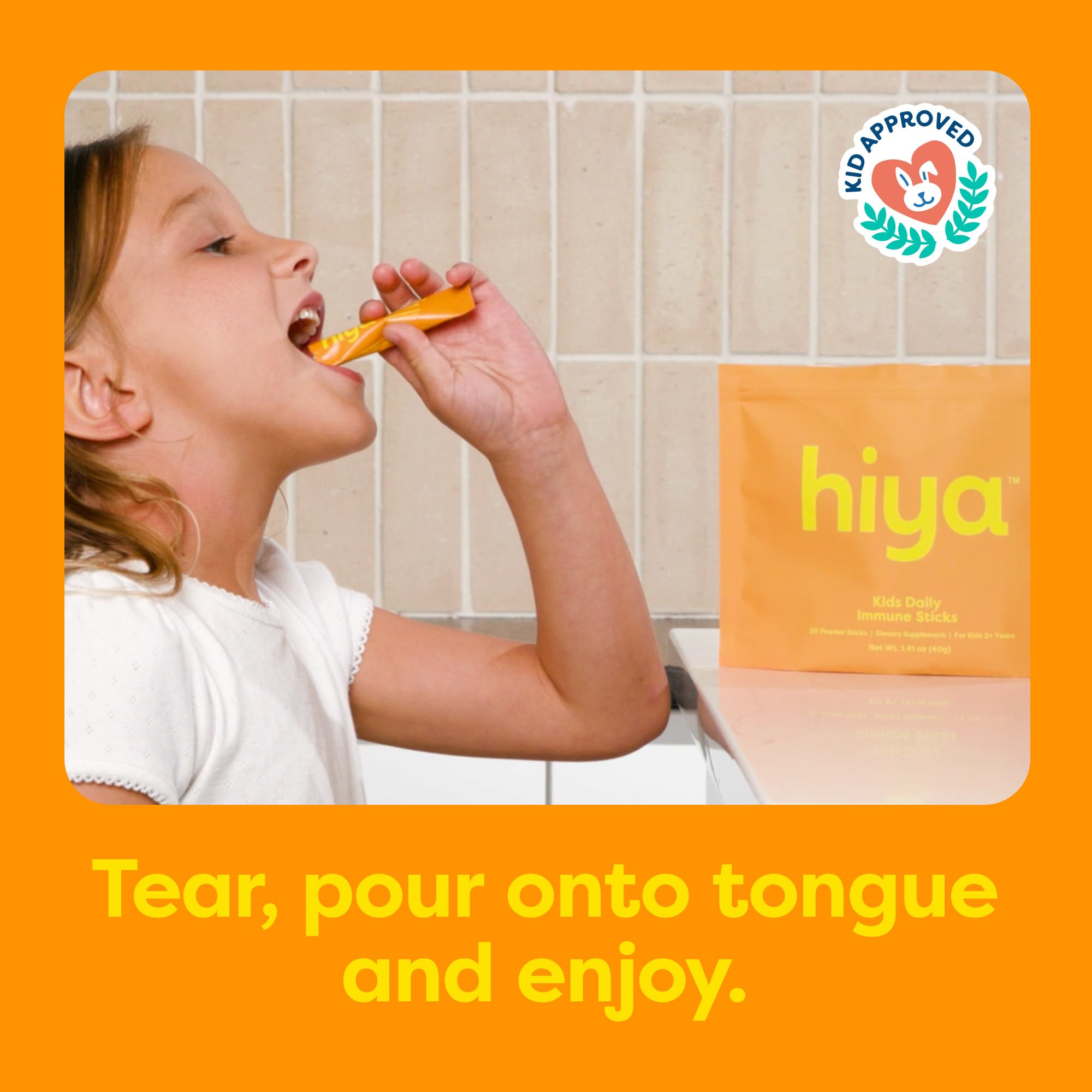HIYA Kids Immune packaging front highlights sugar-free formula.