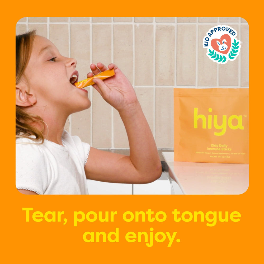 HIYA Kids Immune packaging front highlights sugar-free formula.