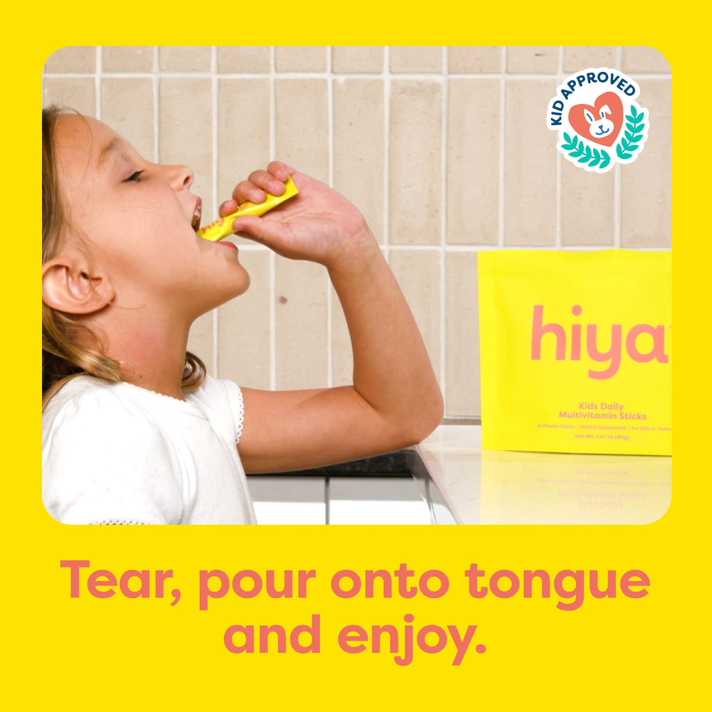 HIYA Kids Multivitamin pour-on-tongue image demonstrates easy, sugar-free consumption