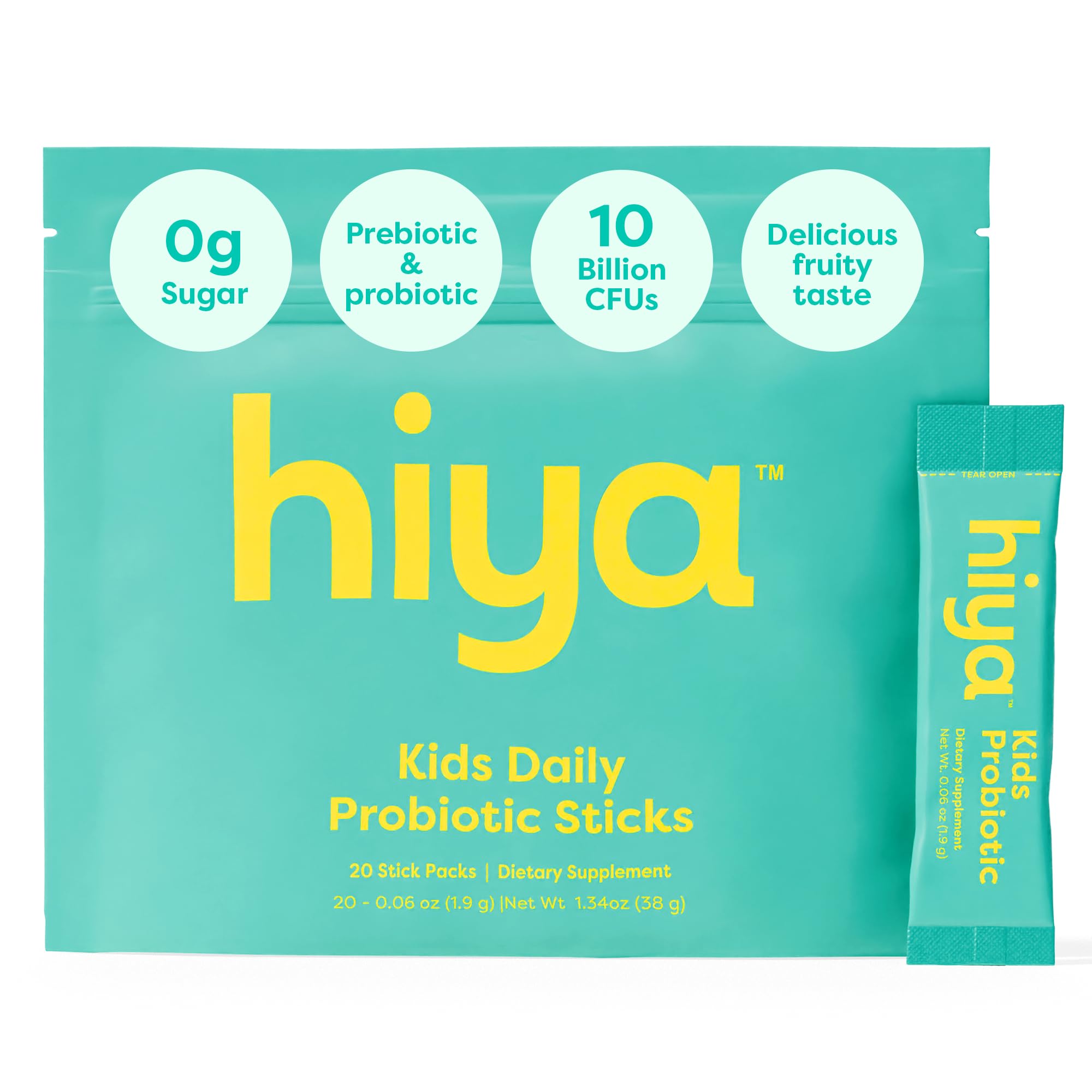 Hiya Kids Probiotic sticks package front with 10B CFU