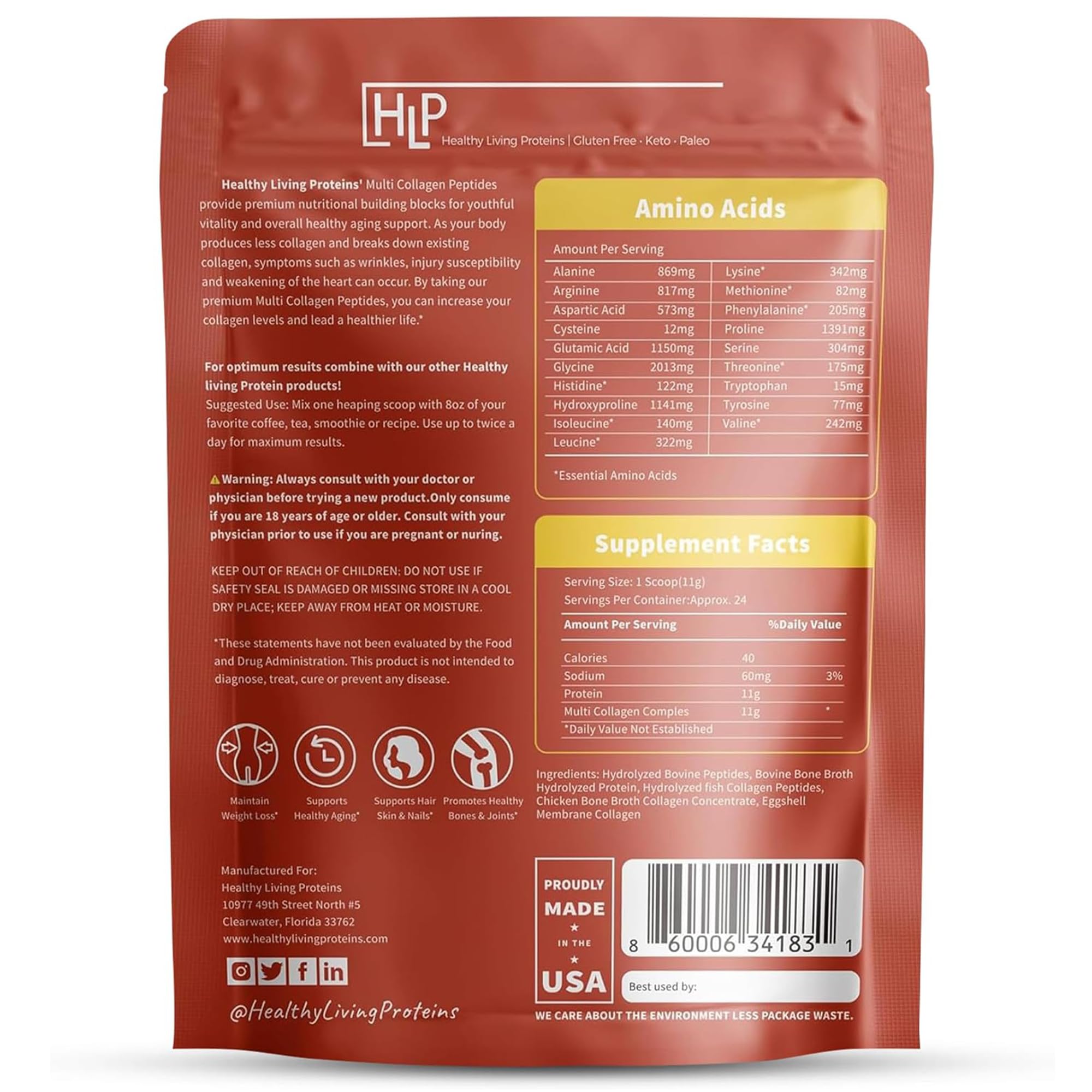 Healthy Living Proteins powder scoop shows 22 g serving for daily support.