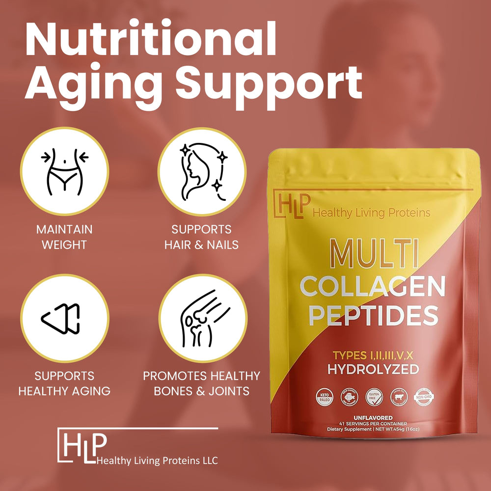Healthy Living Proteins grass-fed beef collagen label emphasizes pasture-raised origin.