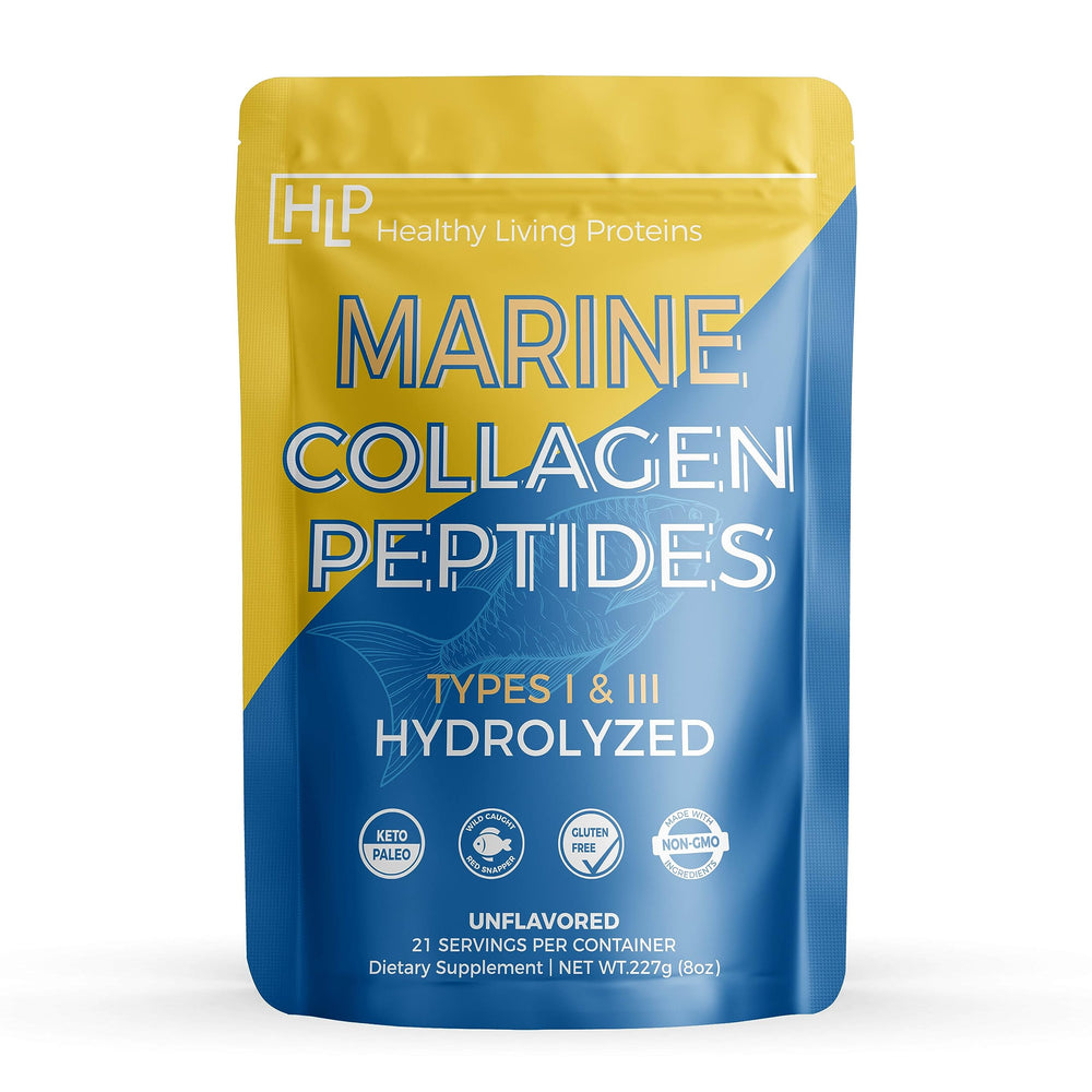 HLP Marine Collagen Peptides label close-up highlighting purity and sustainability