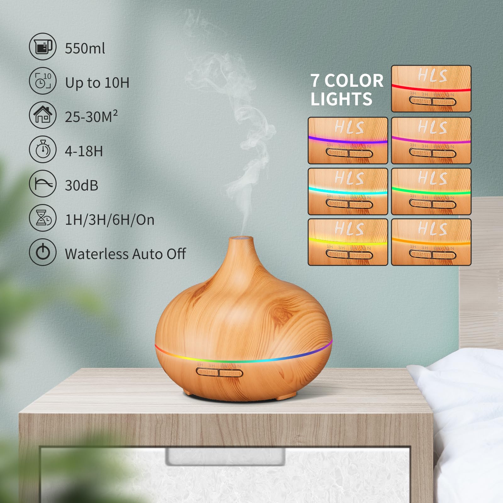 HLS Aroma Diffuser wood-grain design blends with decor