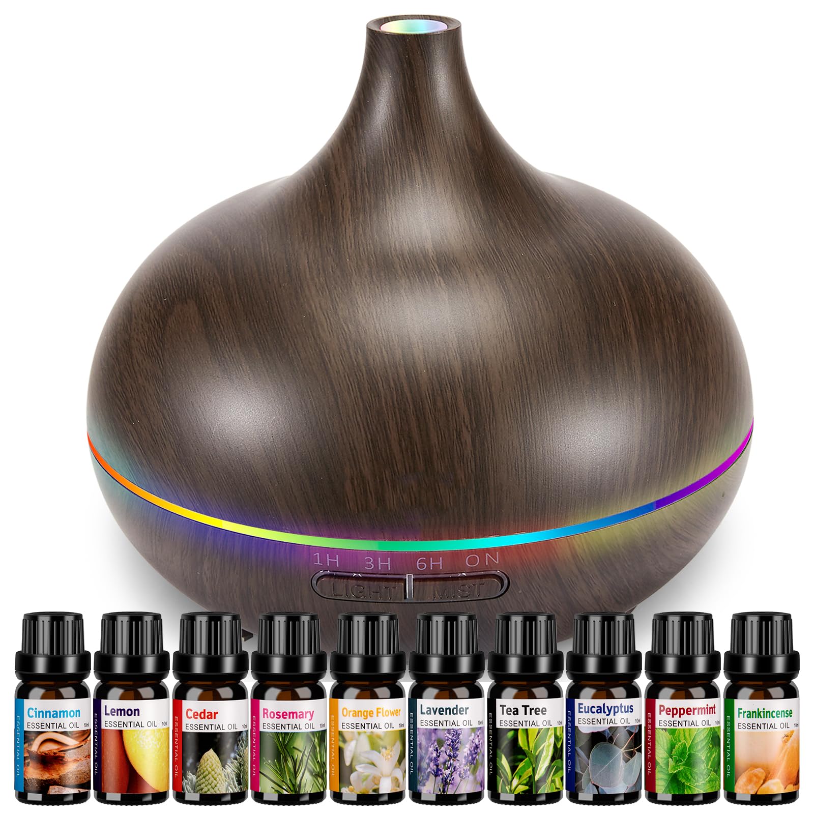 HLS aromatherapy diffuser with wood grain finish emitting a calm aroma and mist