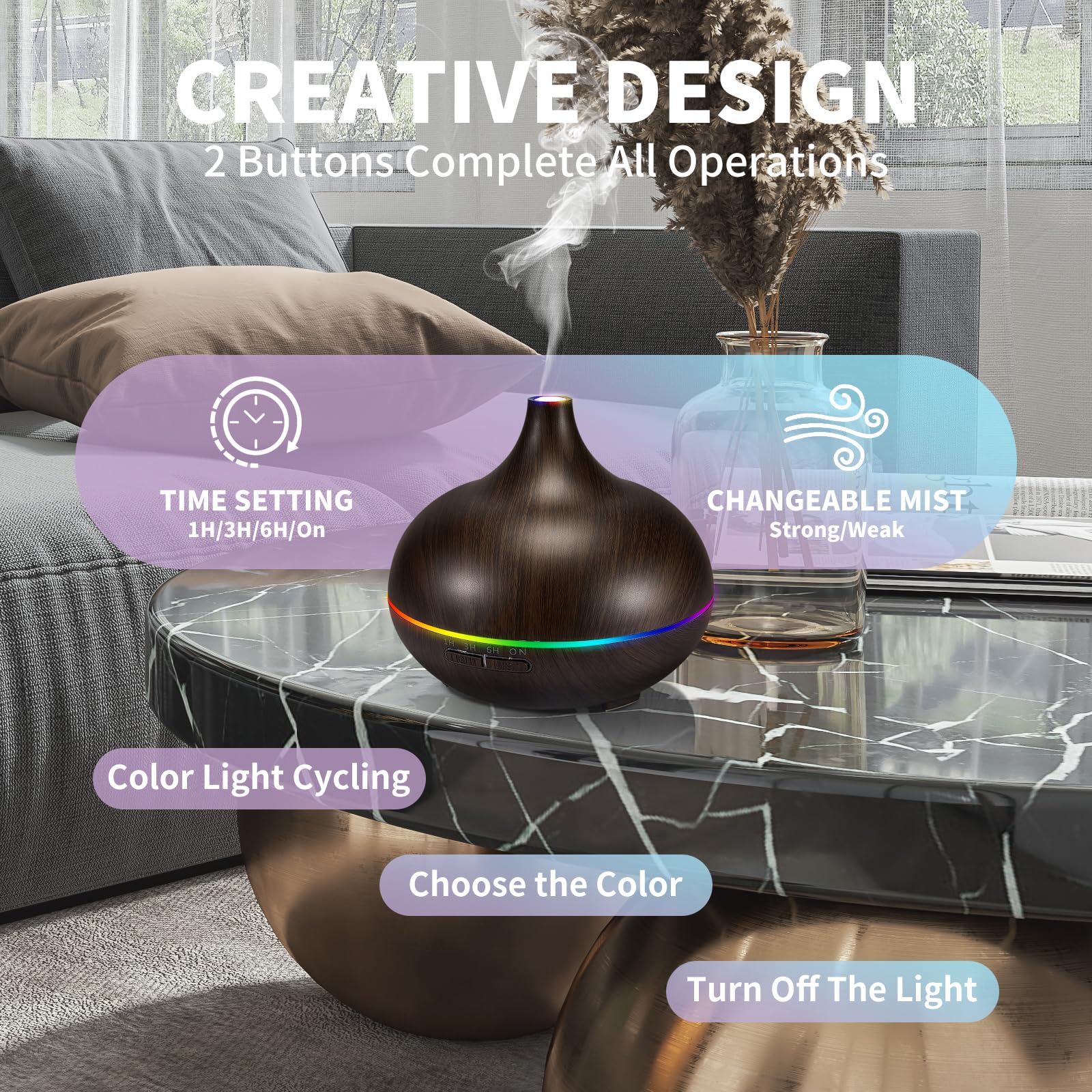 HLS ultrasonic diffuser producing fine mist for even aroma distribution