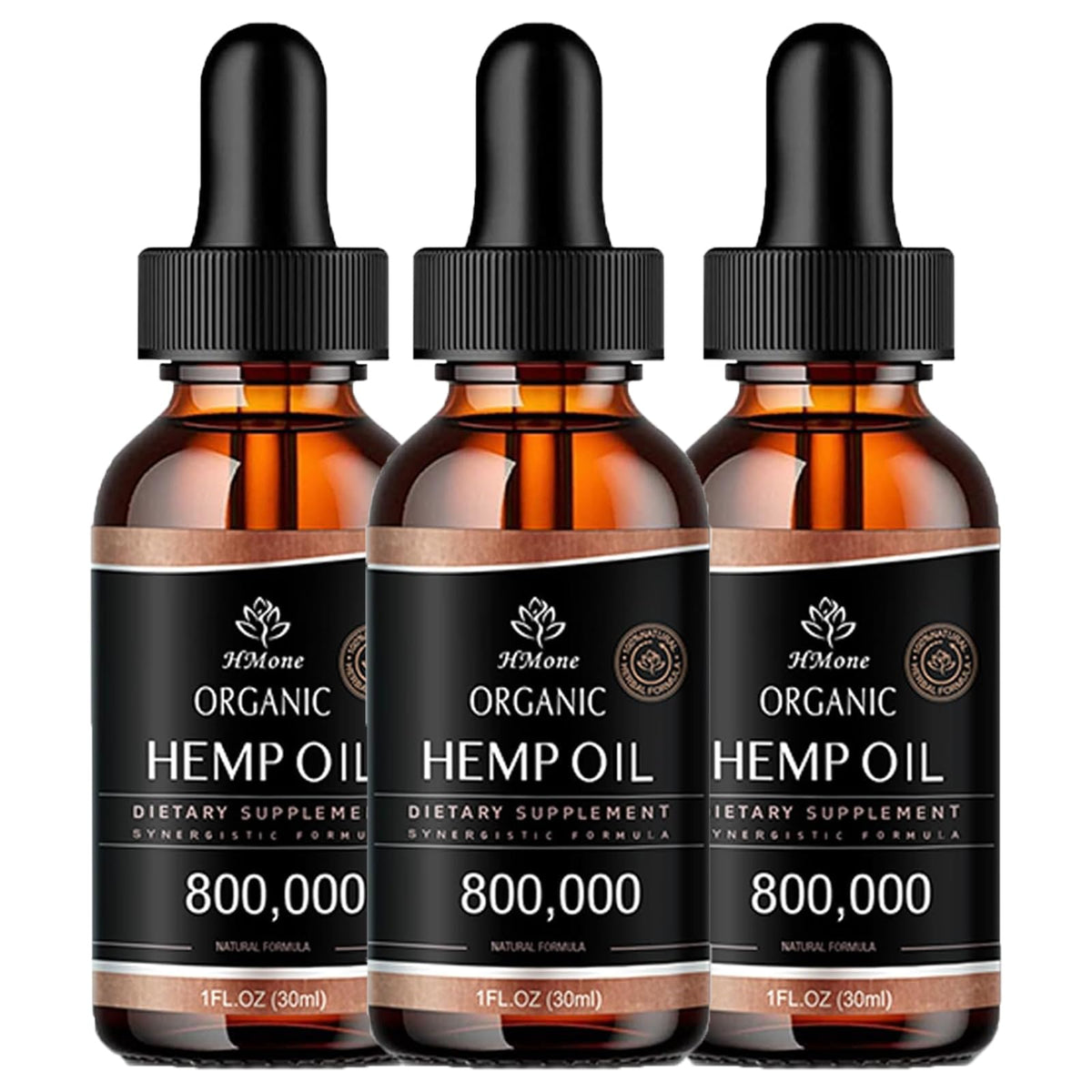HMone 3-pack hemp oil drops pack front view for convenient daily use.