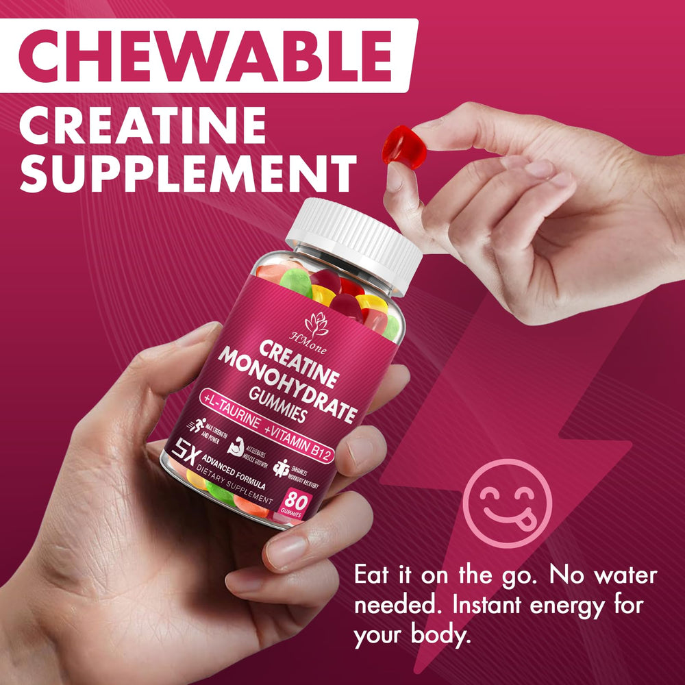 HMone creatine gummies being chewed for quick absorption and daily use.