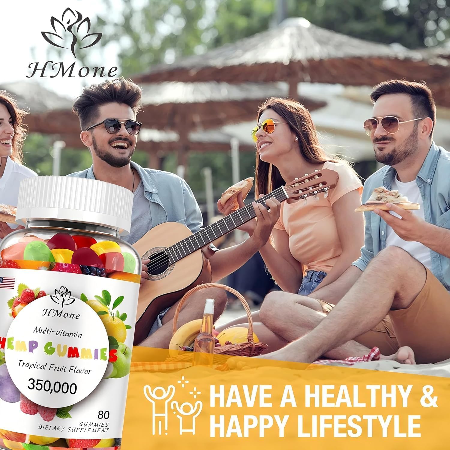 Gummies resting beside a plant, implying wholesome hemp goodness from HMone.