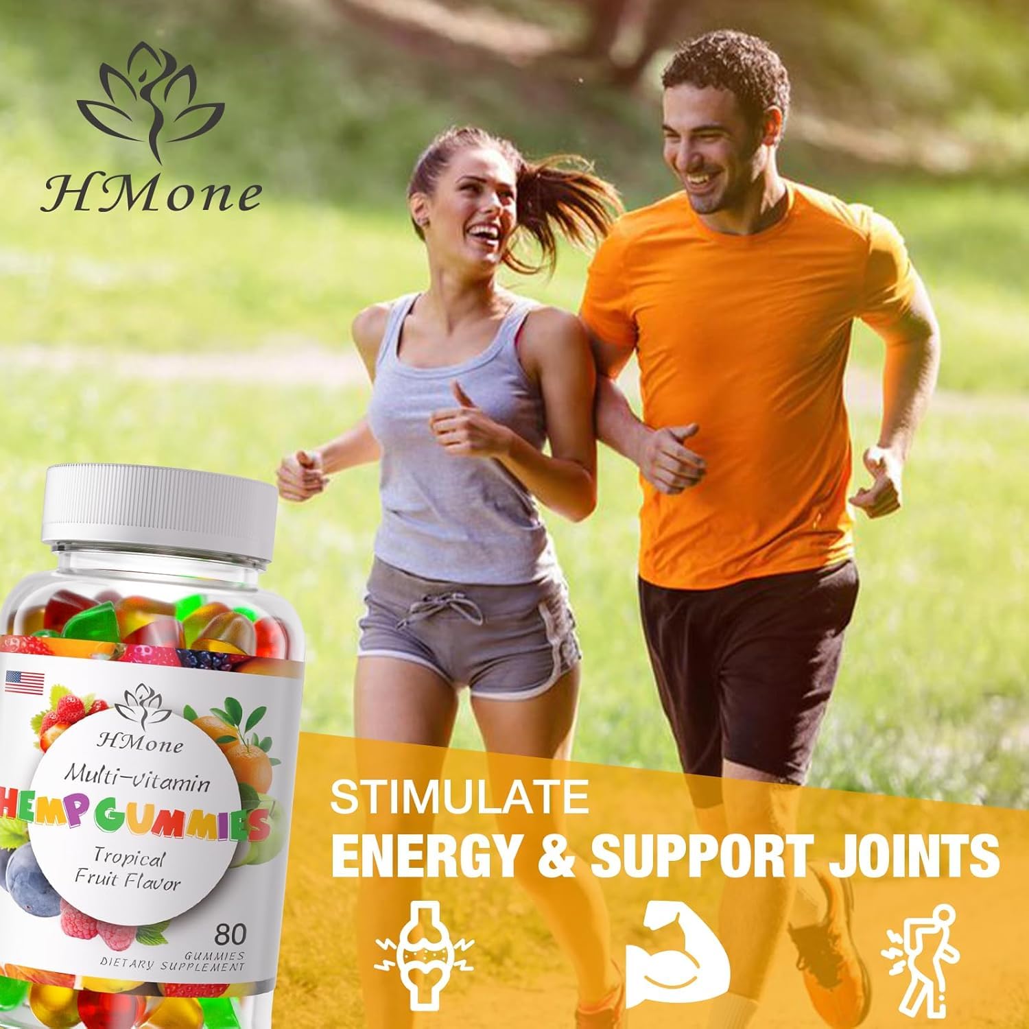 Close-up of HMone fruit-flavored gummies emphasizing natural ingredients