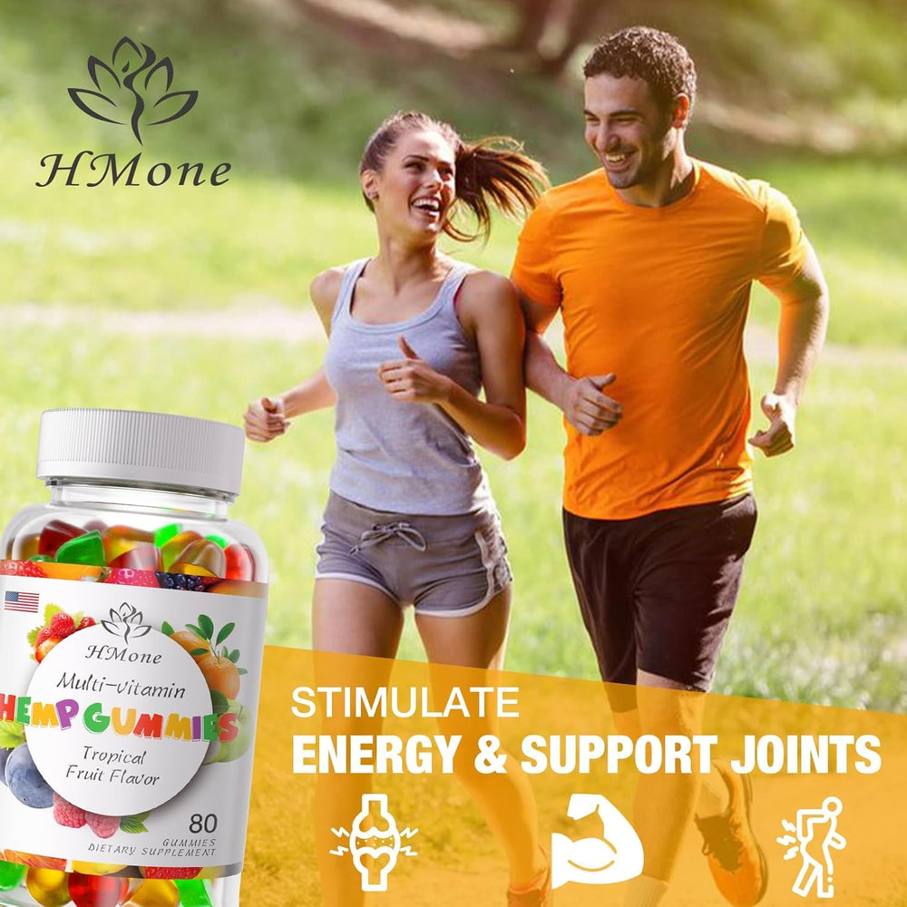 Close-up of HMone fruit-flavored gummies emphasizing natural ingredients