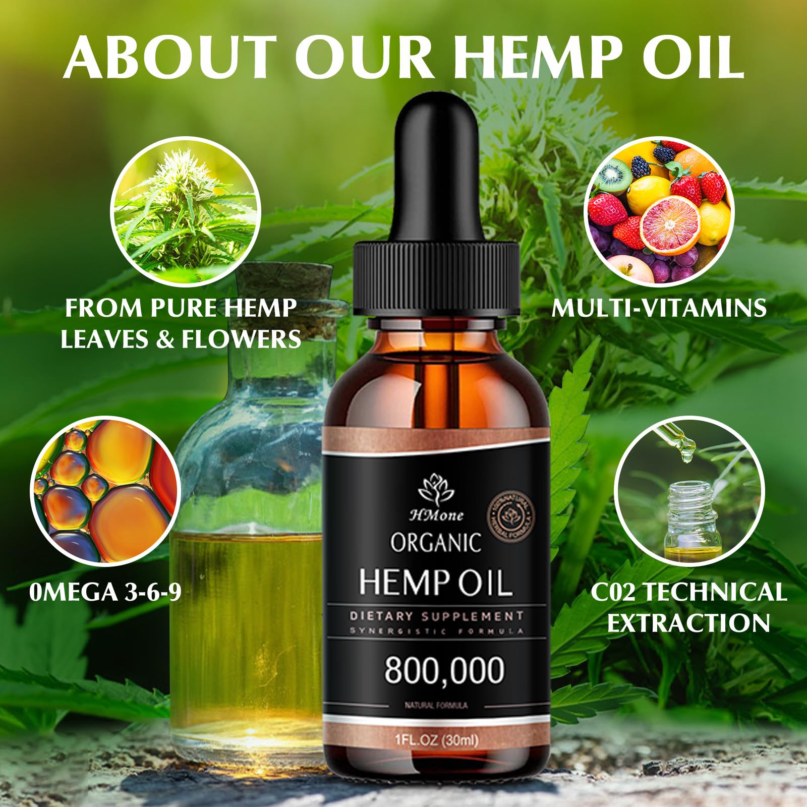 HMone hemp oil dropper delivering drops for easy daily use.