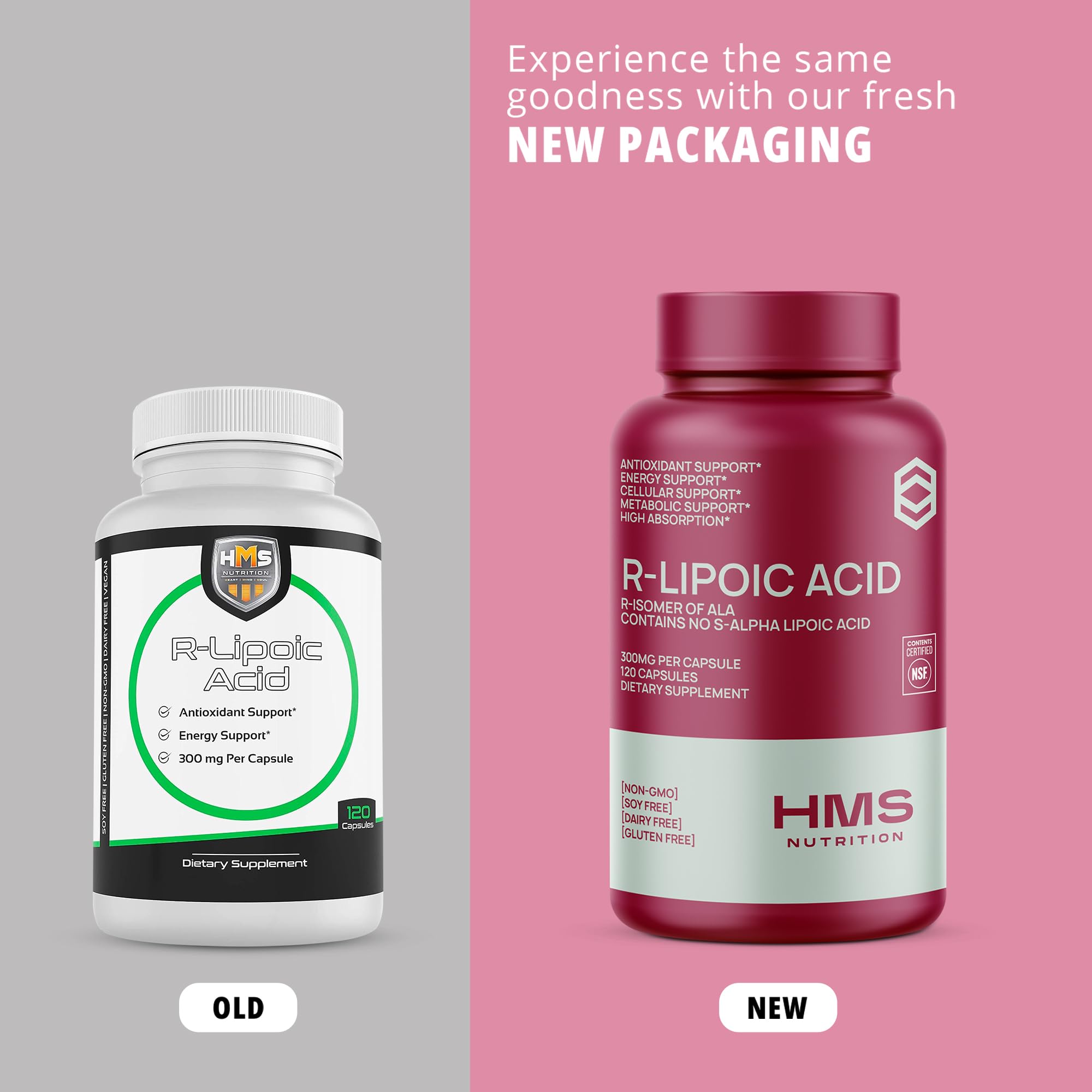 HMS Nutrition NSF-certified seal on bottle indicating quality standards.