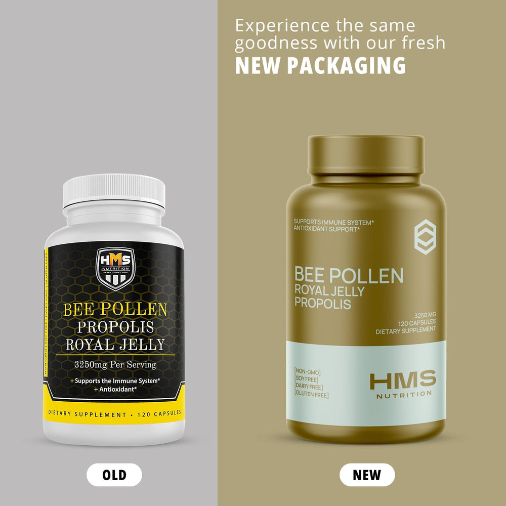 HMS Nutrition packaging label displays servings and ingredients for transparency.