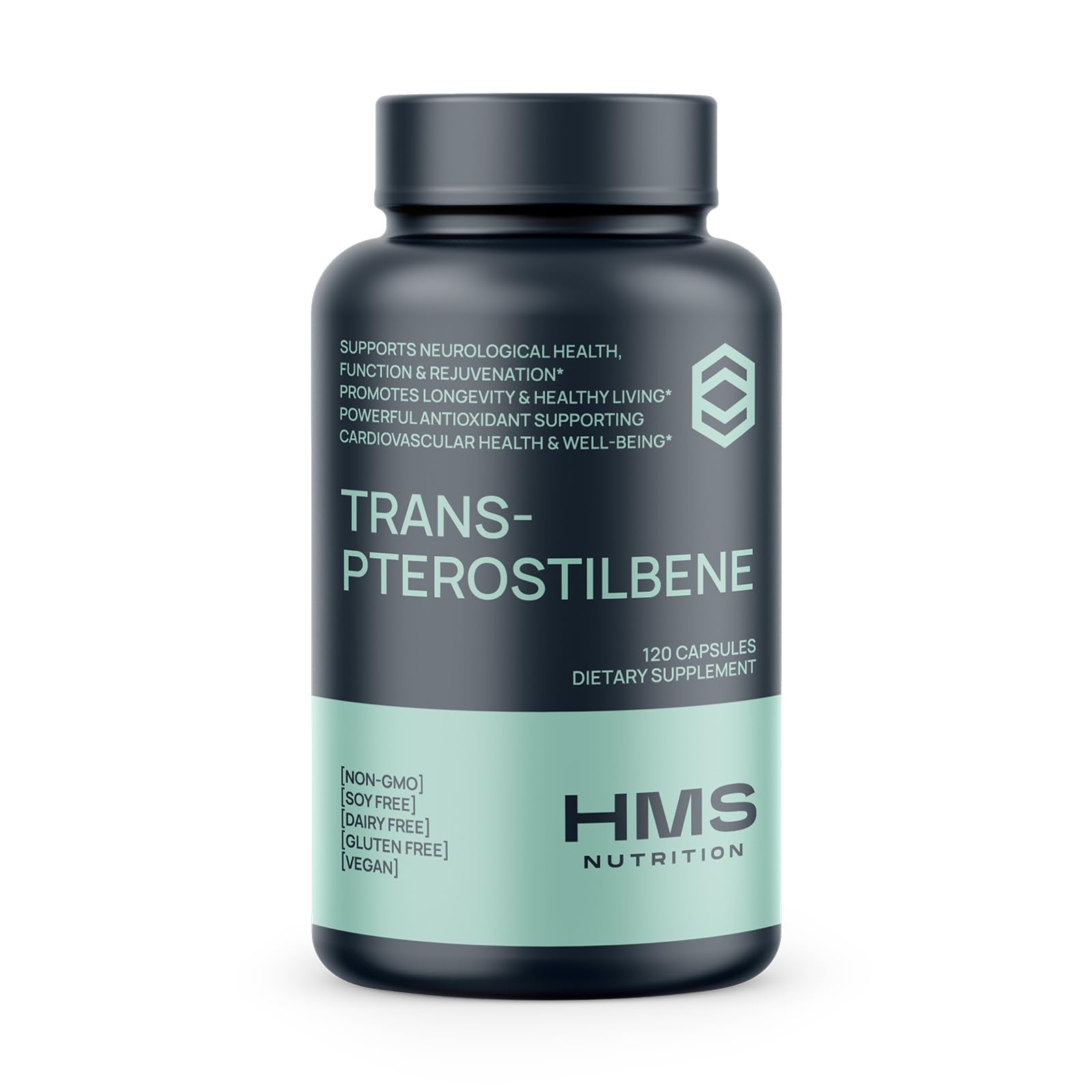 HMS Nutrition Potent Trans-Pterostilbene bottle front shows 200 mg potency
